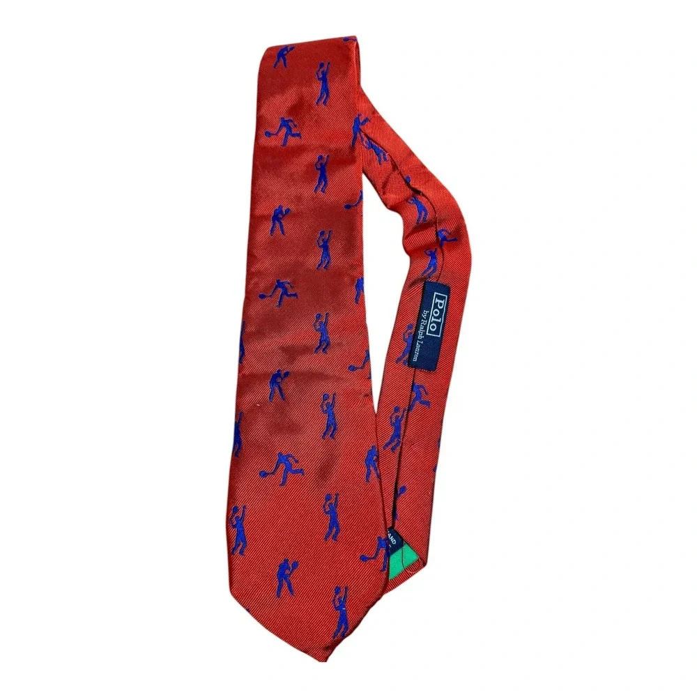 Vintage Polo‎ Ralph Lauren Men's 100% Silk Basketball All Over Print Tie Orange